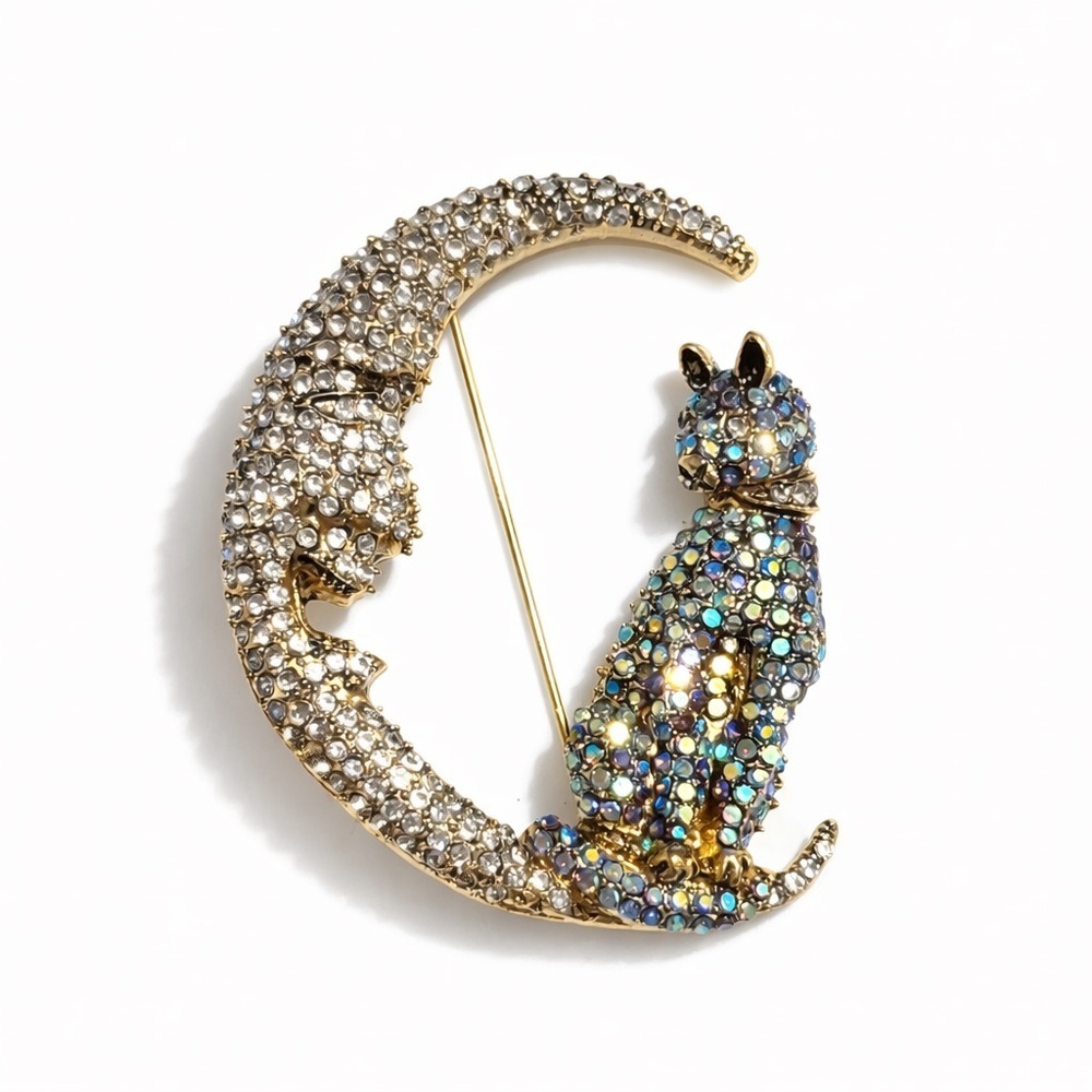 Elegant Moon and Cat Brooch